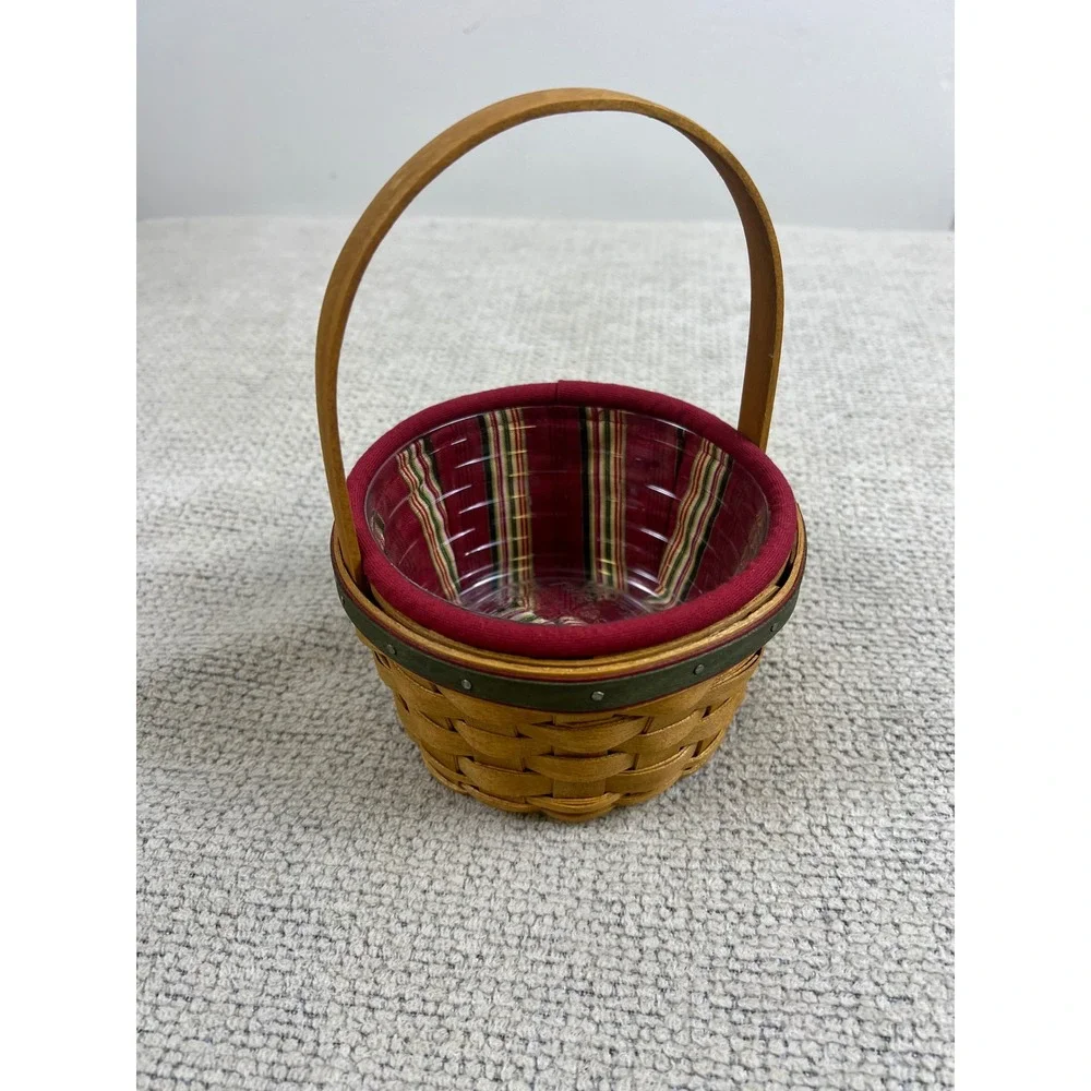 Longaberger Small Round Basket‎ 2005 Red Green Striped Liner Plastic Protector